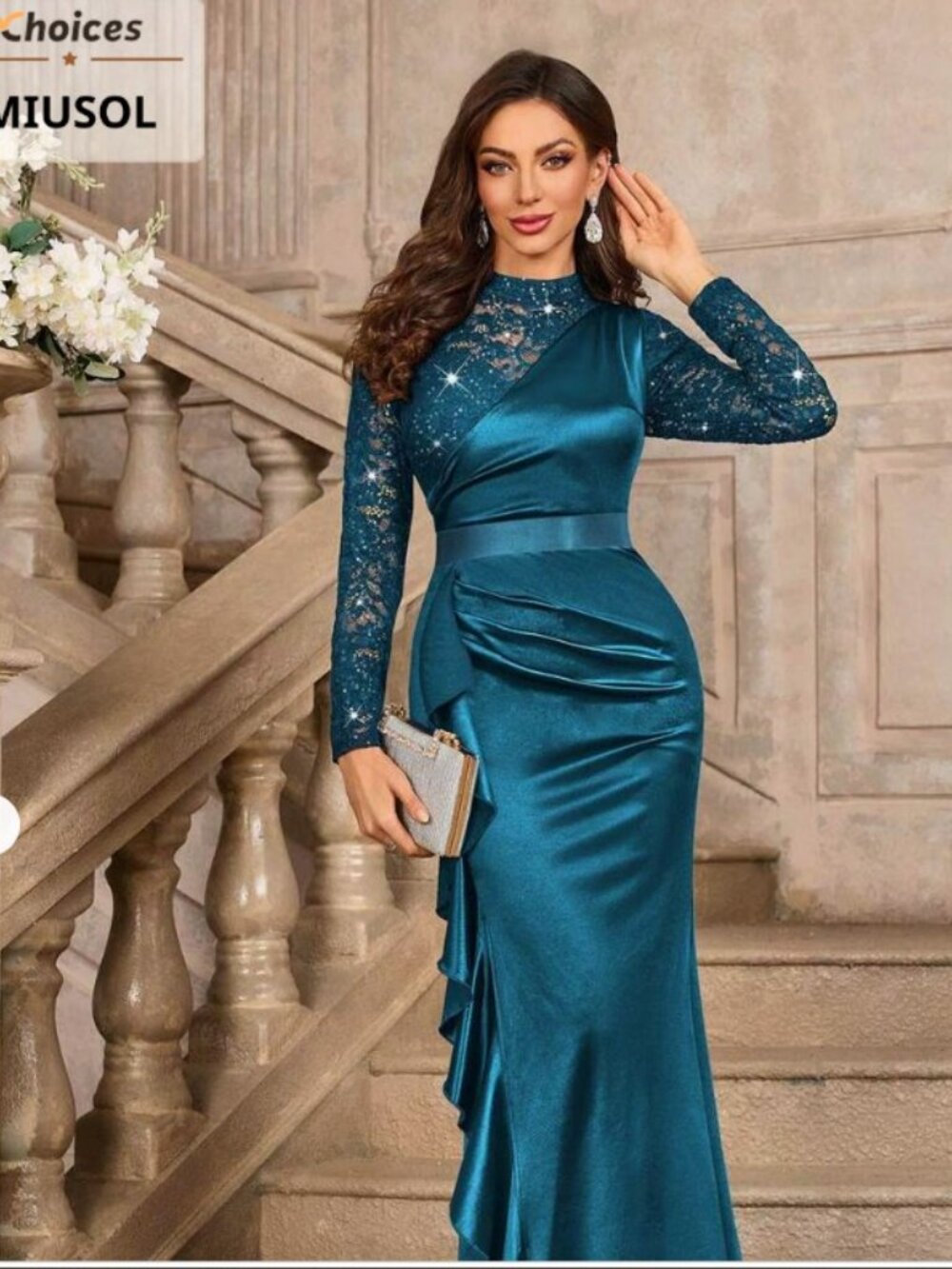 Miusol Elegant Peacock Blue Lace and Satin Formal Dress